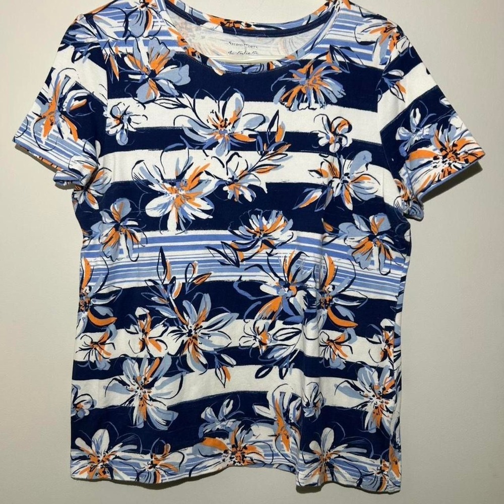 Studio Works blue white floral print t-shirt stripes Womens M